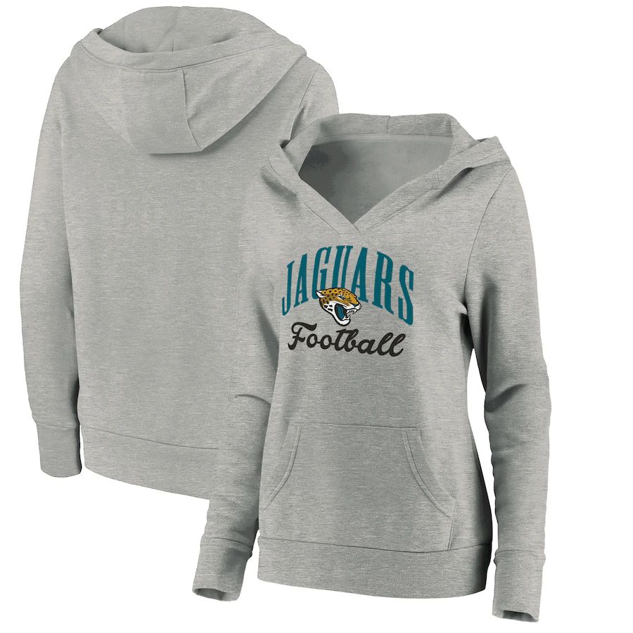 Women Jacksonville Jaguars Fanatics Branded Heathered Gray Victory Script V-Neck Pullover Hoodie->women nfl jersey->Women Jersey
